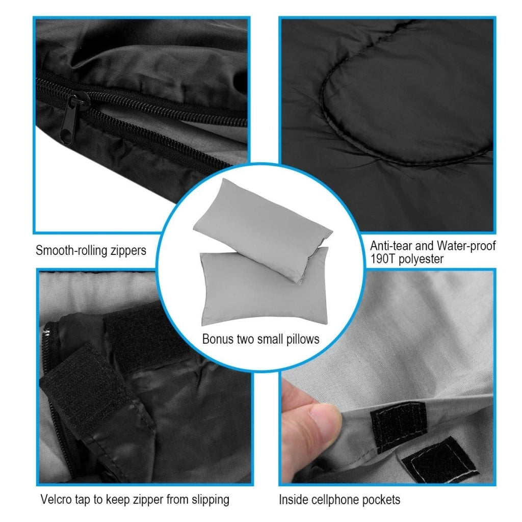 2 Person Waterproof Sleeping Bag with 2 Pillows-Black