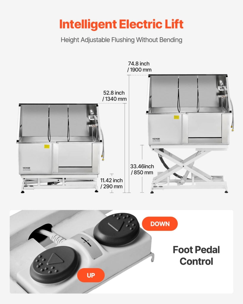 K1E01028 Vasca per toelettatura cani con sollevamento elettrico in acciaio inox argento 127 cm, stazione lavaggio regolabile con porta destra