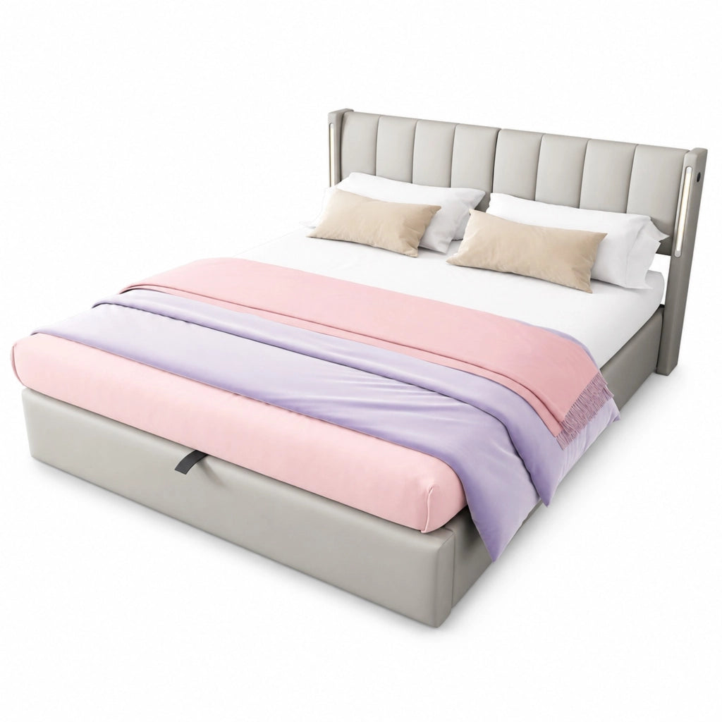 Letto imbottito grigio 140 x 190 cm con LED, USB e contenitore