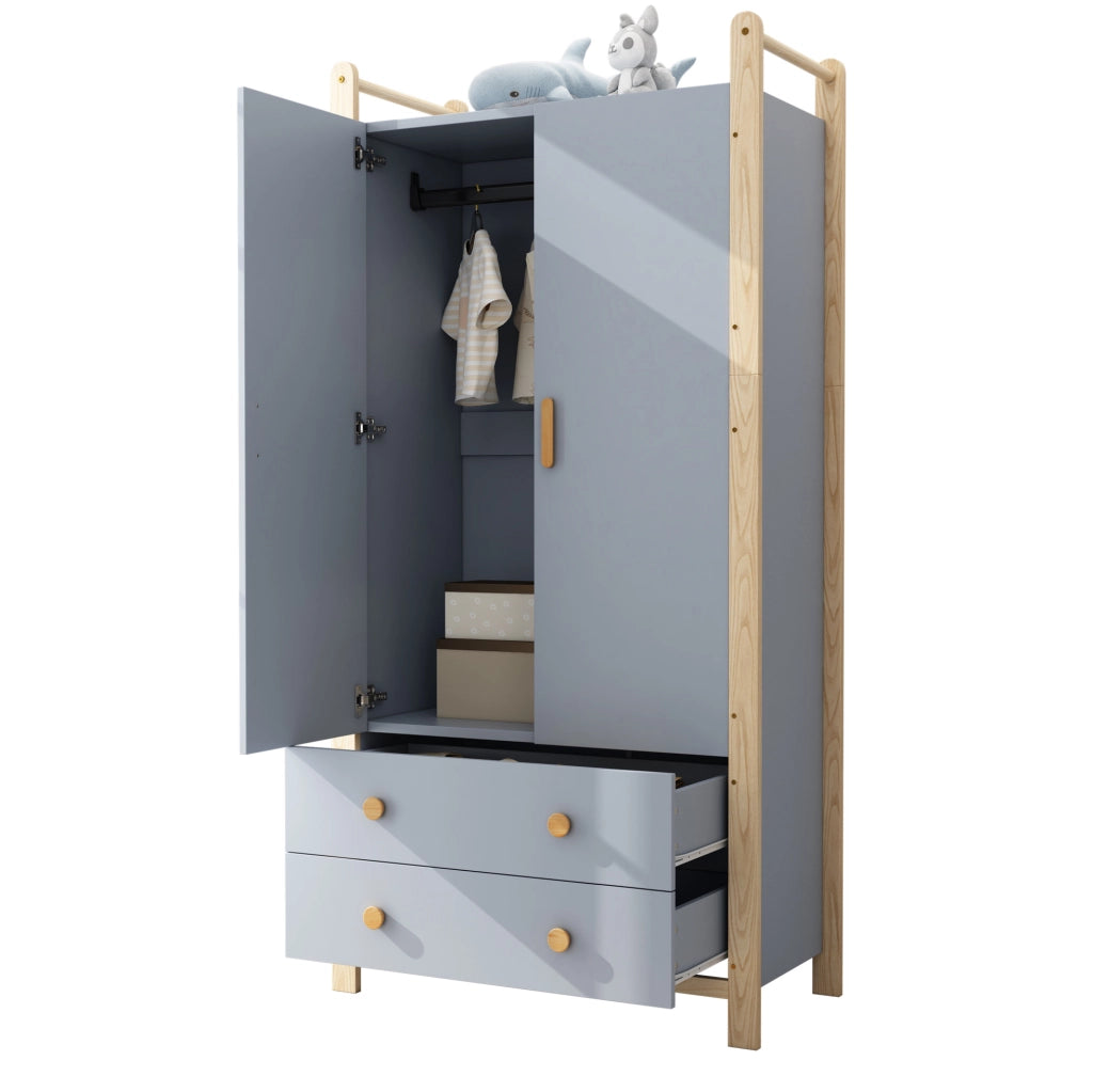 Armadio a 2 ante con asta appendiabiti e 2 cassetti in legno e MDF blu; colore naturale