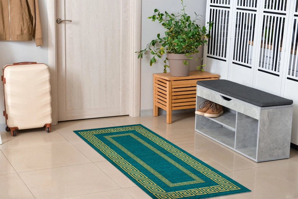 Tappeto Arredo Moderno Morbido in Ciniglia Ingresso Antiscivolo Prodotto Italiano  Soggiorno Camera Salotto Disegni Piazzati Cotone Varie Misure Grande Atena/Petrolio - 65x115 cm