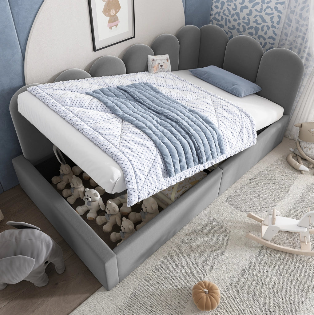 Letto singolo in velluto grigio 90x200 cm con contenitore idraulico