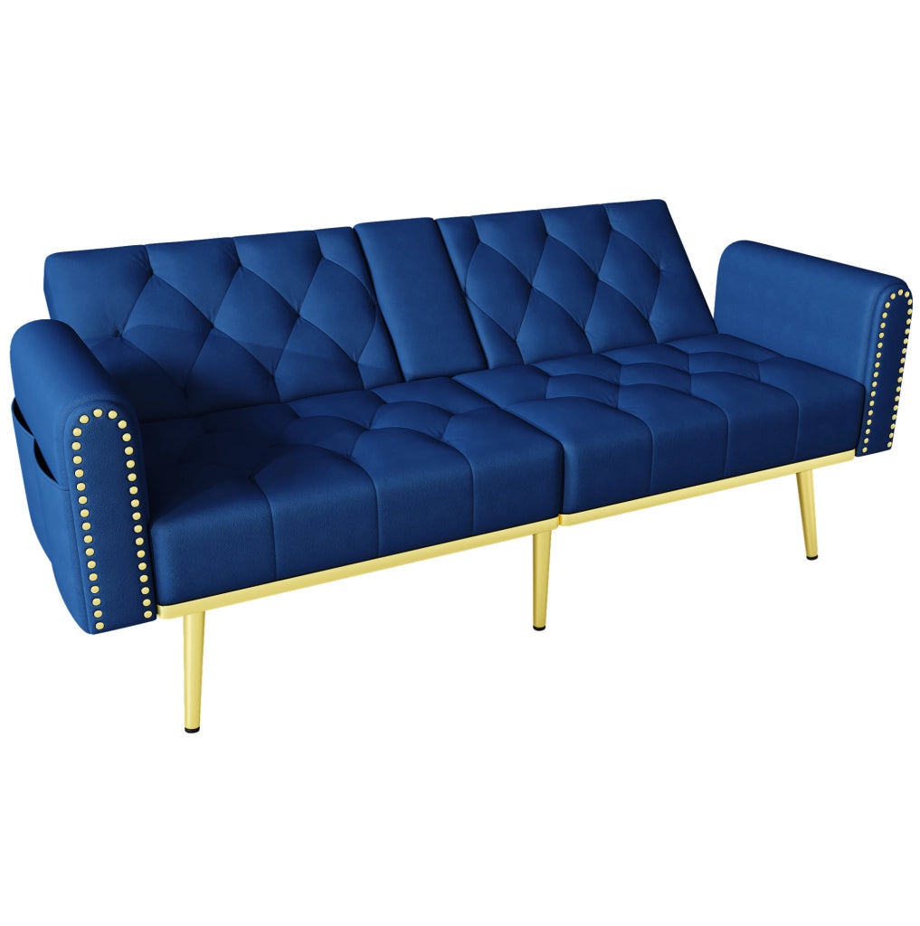 Divano letto multifunzionale in velluto blu con schienale regolabile e portabicchieri