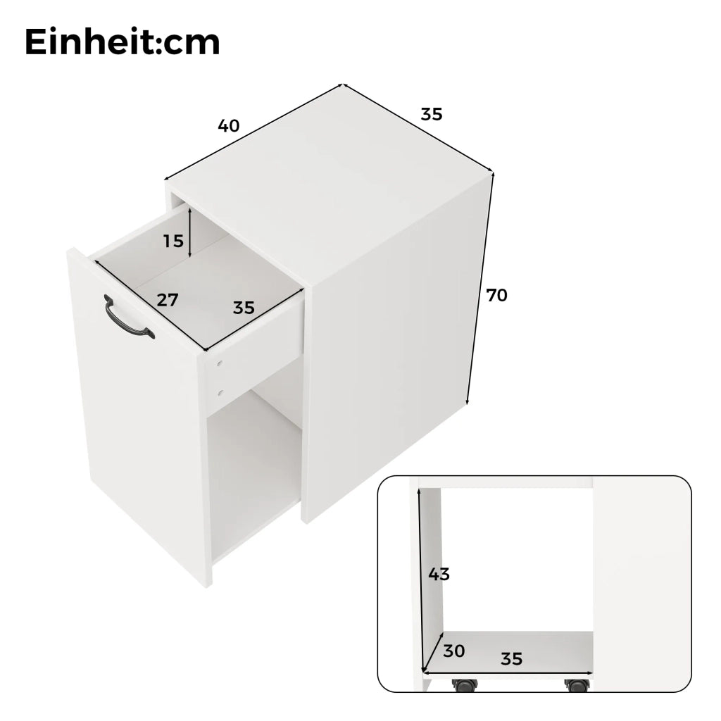 Mobiletto porta documenti con ruote, 35x40x70 cm, bianco. Armadietto ufficio estraibile con cassetto e vano aperto, montabile a destra/sinistra per cartelle e libri