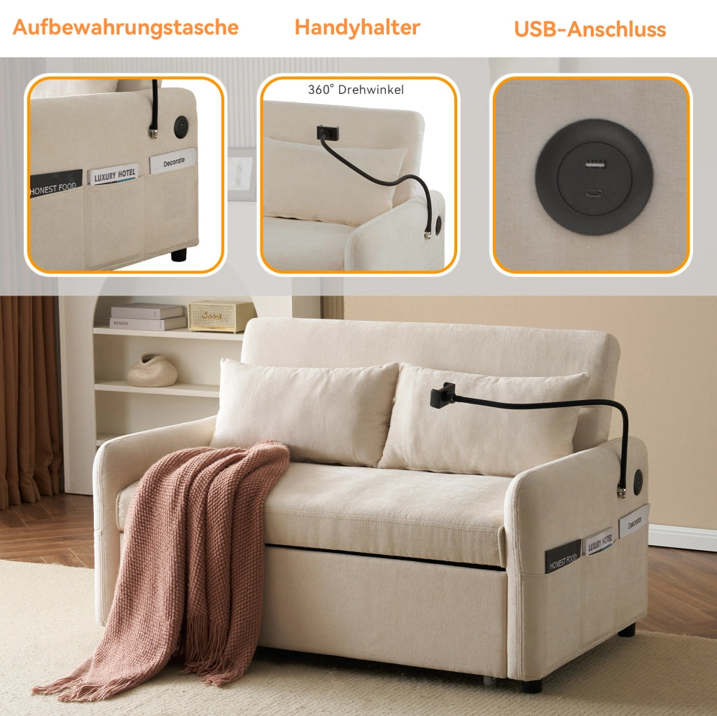Divano letto a 2 posti in ciniglia beige; schienale regolabile; USB e porta telefono
