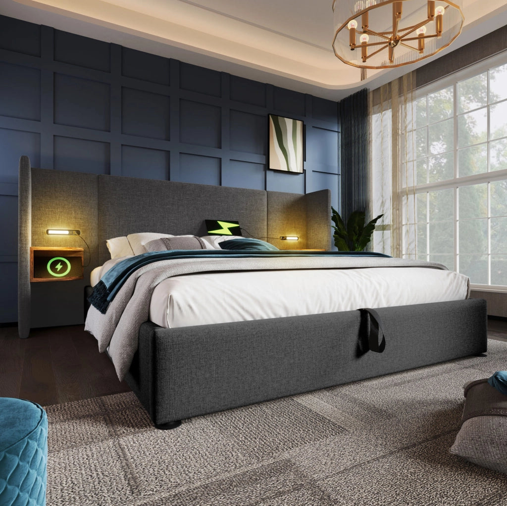 Letto matrimoniale 180x200 grigio con contenitore, luce LED, USB e Type-C