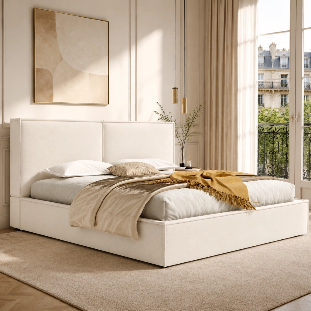 Letto matrimoniale contenitore 180 x 200 cm in lino beige, imbottito idraulico con rete a doghe, contenitore di contenitore spazioso