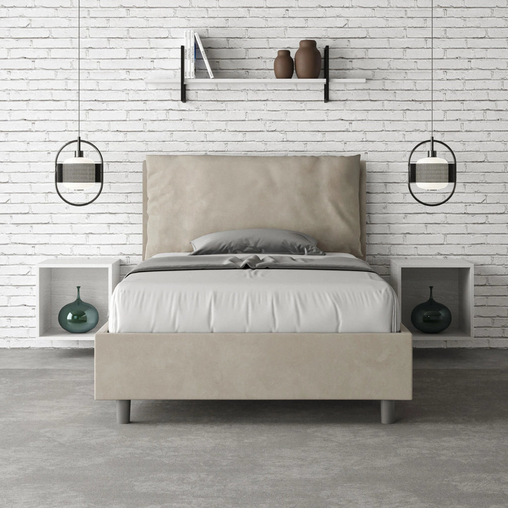 Letto 1 Piazza E Mezzo 110x210 cm con Rete e Contenitore Imbottito in Microfibra Antea Large Sabbia