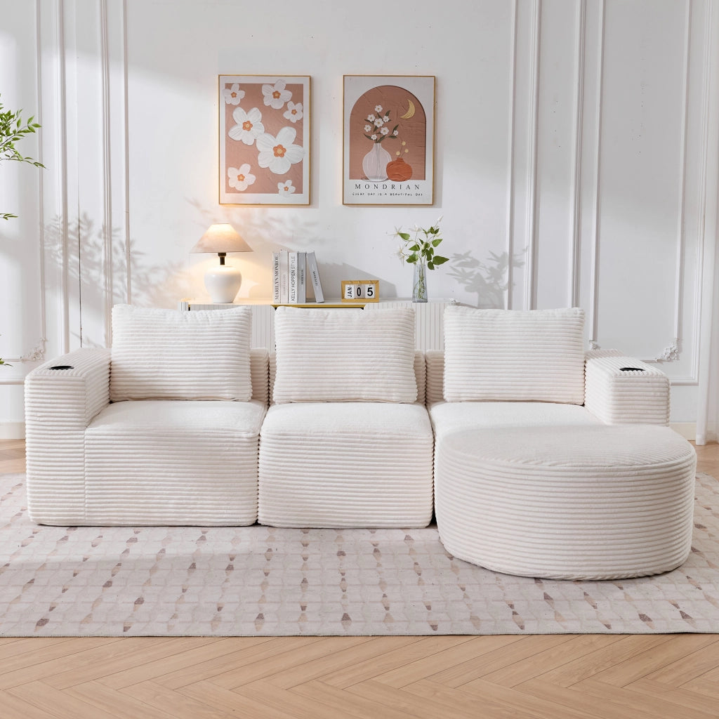 Divano 2 posti beige in velluto a coste 265 cm con portabicchieri e cuscini