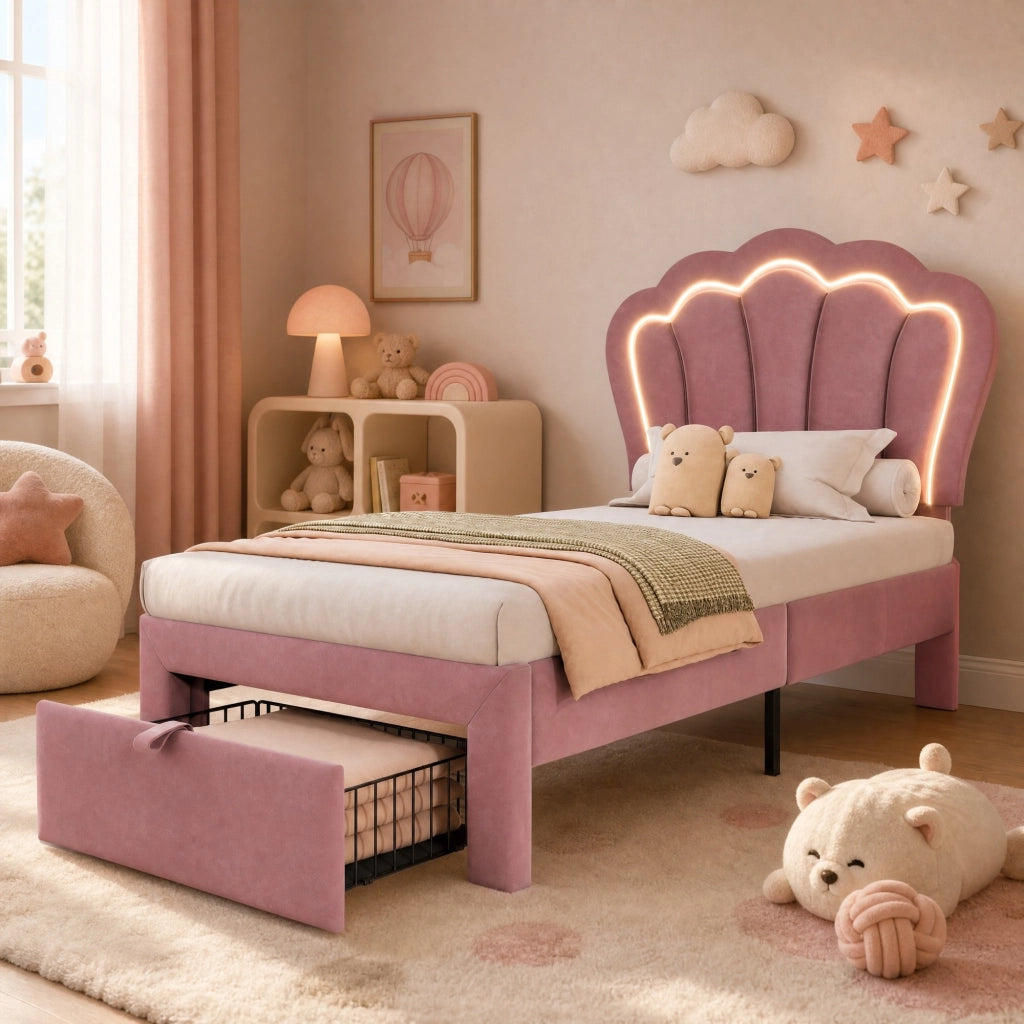 Letto singolo 90x190 cm rosa con LED RGB e cassetto estraibile