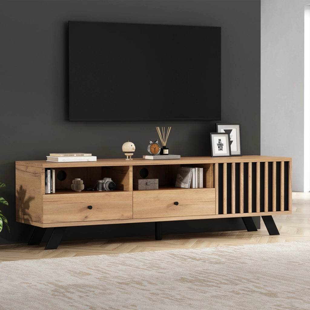Mobile porta TV con 2 cassetti, 1 armadietto e 2 vani aperti in truciolare legno naturale e nero 150 × 38 × 44 cm
