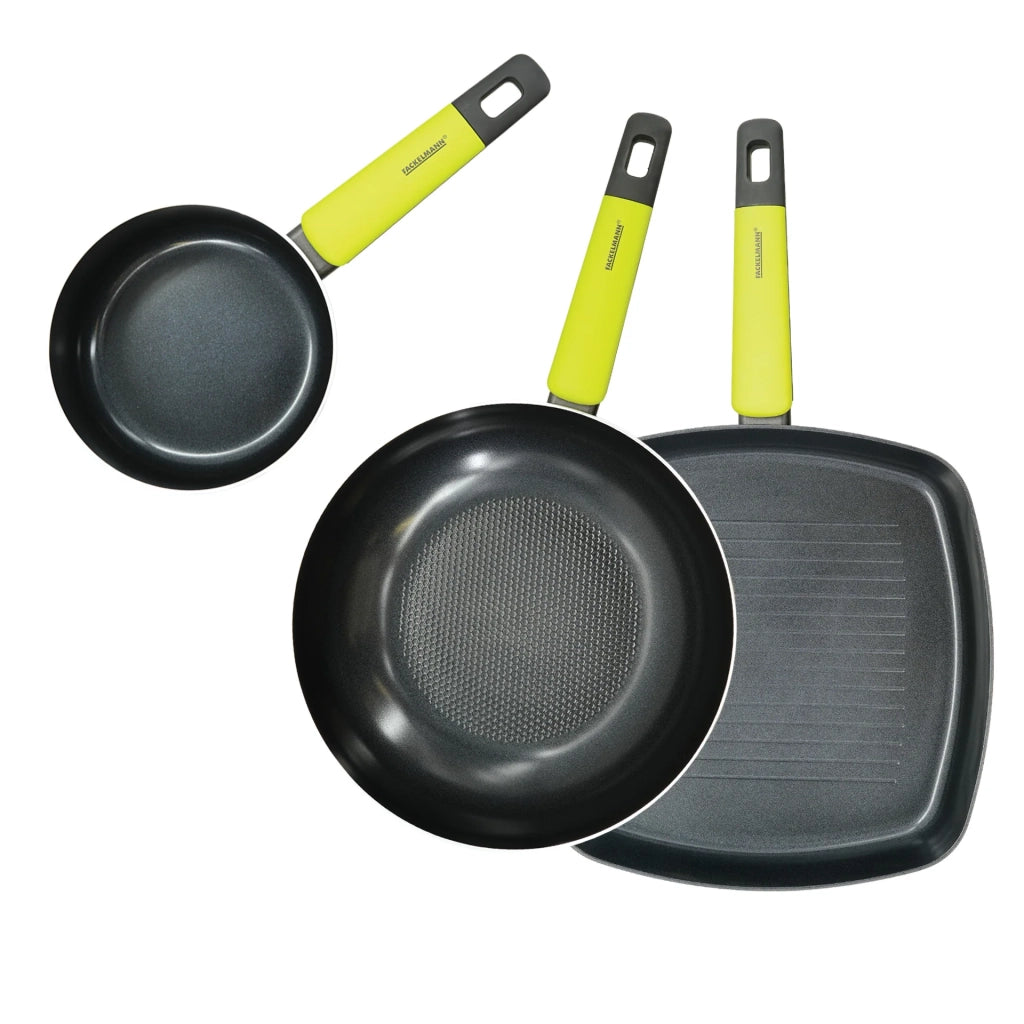 Set 3 Pezzi Antiaderenti PFAS Free per Induzione, Fackelmann,  Casseruola Ø16 cm, Wok Ø28 cm e Bistecchiera 28x28 cm