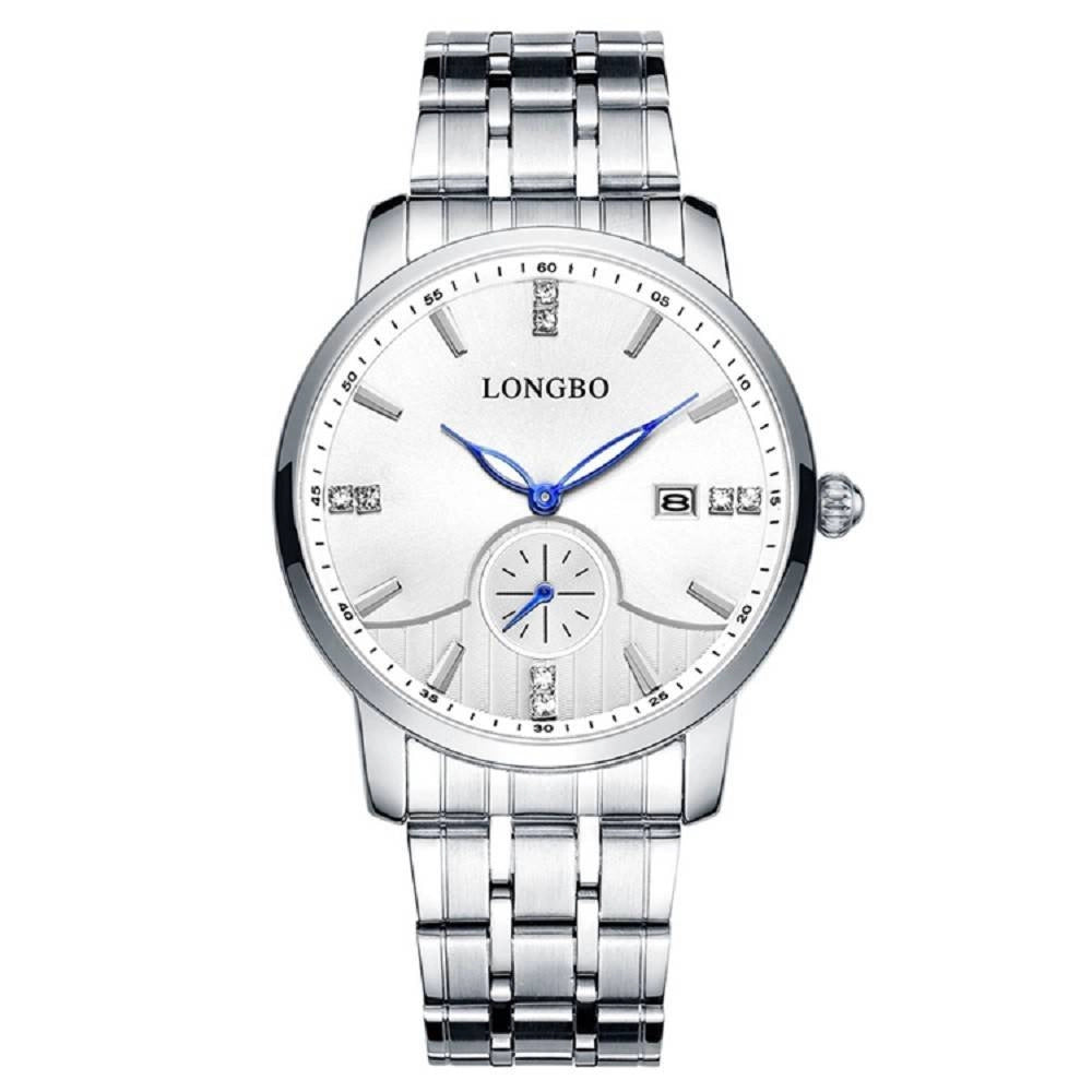 Trade Shop - Orologio Uomo Donna Longbo 80436 Analogico Data Acciaio Silver Bianco Lancette Blu -