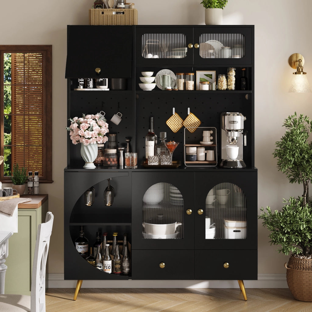 Credenza alta con LED, prese USB e 2 prese AC, 120×40×176 cm, nero