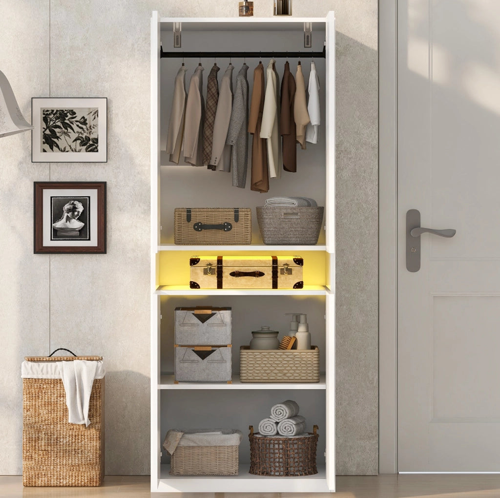Armadio guardaroba 70x55x180 cm con vano centrale LED in MDF bianco