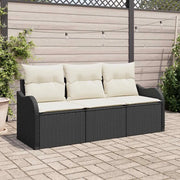 Set Divano da Giardino con cuscino 3 pcs Nero Poly Rattan