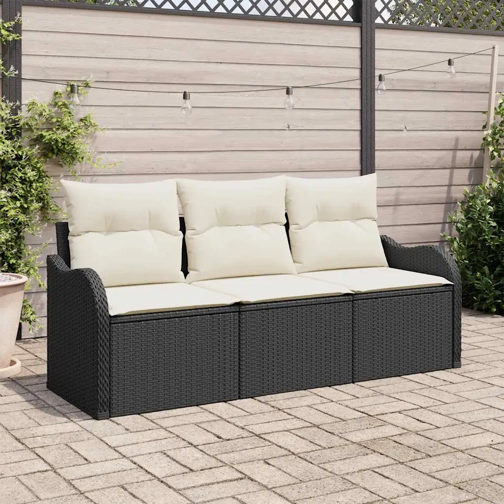 Set Divano da Giardino con cuscino 3 pcs Nero Poly Rattan
