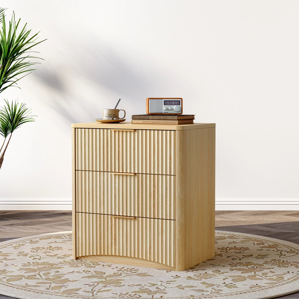 Comodino con 3 cassetti e guide ammortizzate per camera da letto; in MDF; rovere