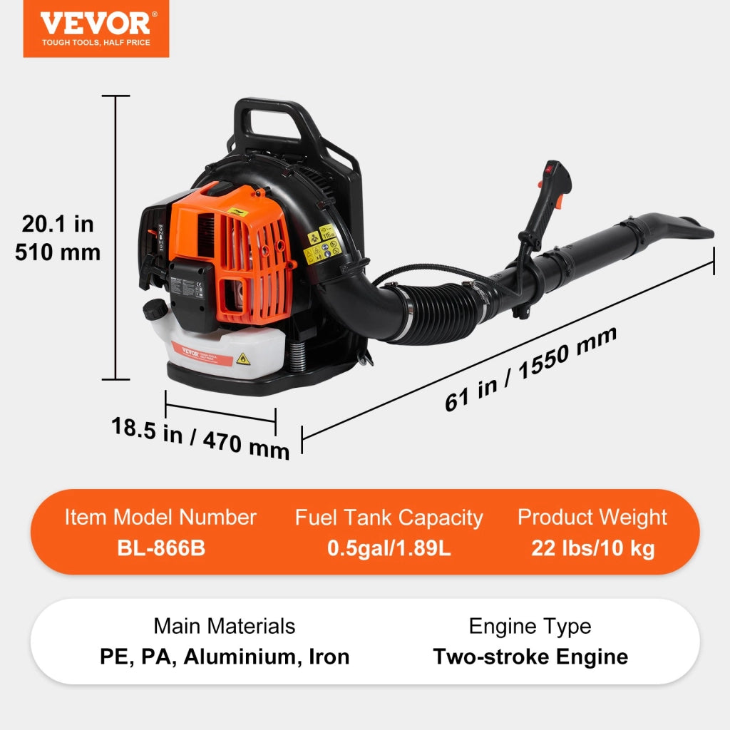 BL-866B Soffiatore per Foglie a Scoppio a Zaino 63CC Motore a 2 Tempi 1,89L 1110 CFM Robusto per Giardino Pulizia Foglie e Prato
