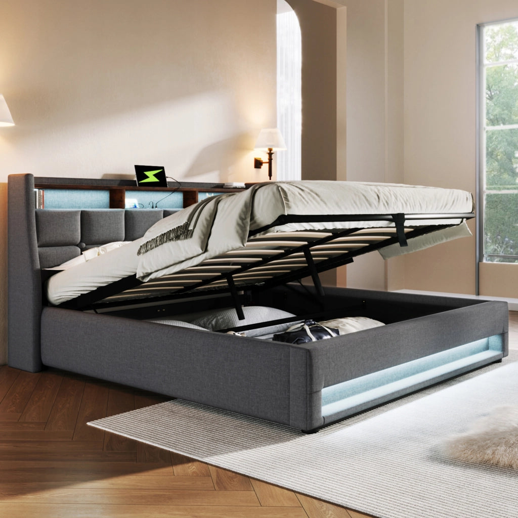 Letto imbottito con LED USB e materasso incluso - Xylo - 160x200