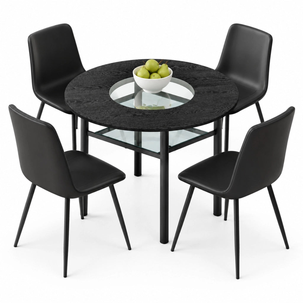 Set tavolo rotondo Ø100 cm con inserti in vetro, marrone/nero