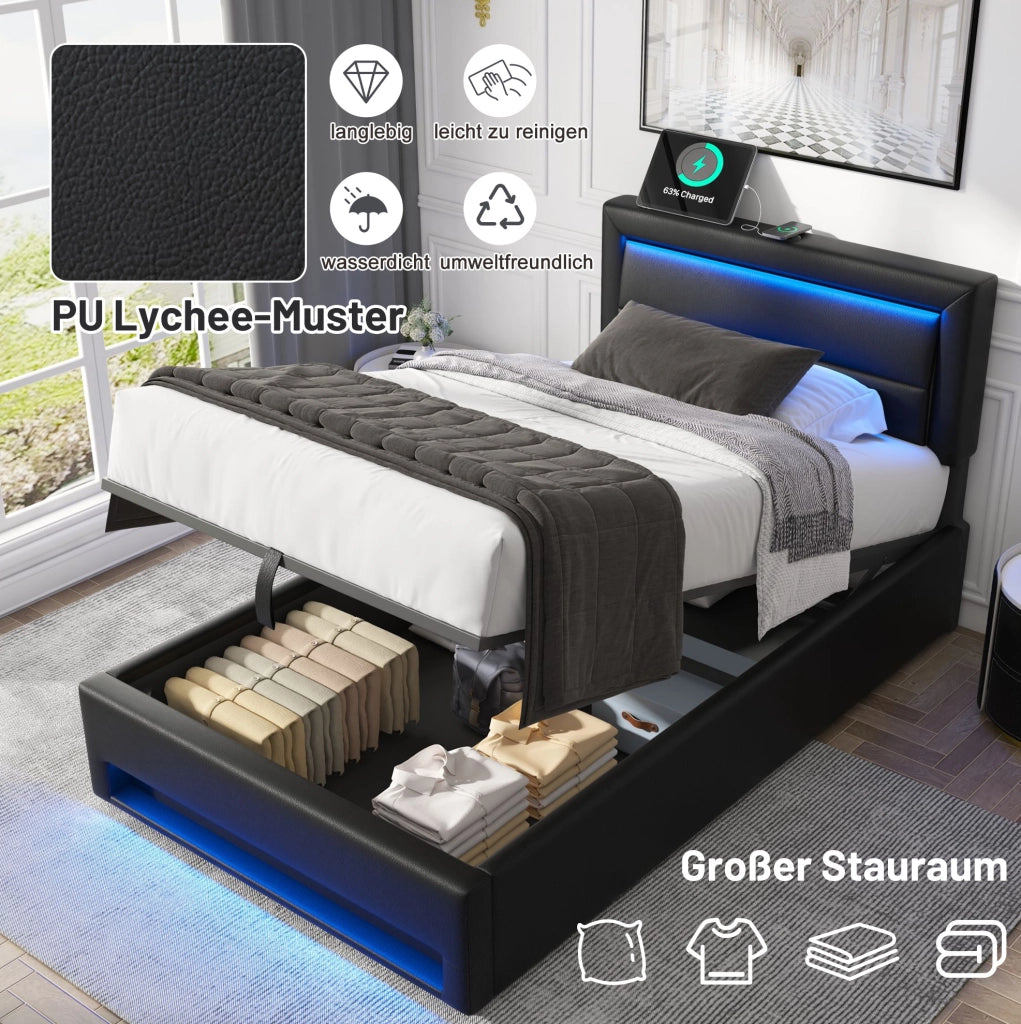 Letto imbottito 90 × 190 cm con contenitore; LED 12 colori; USB e ricarica wireless; PU nero