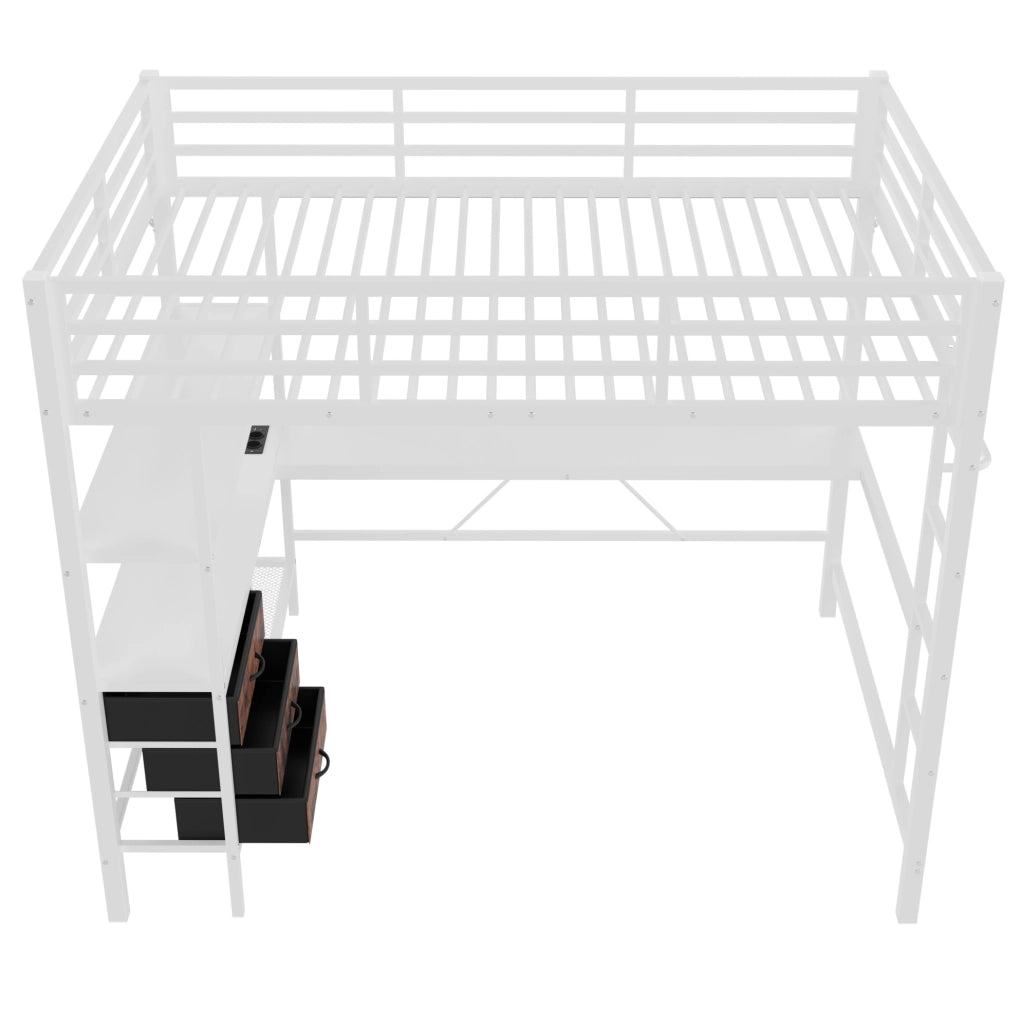 Letto a soppalco 140x200 cm in metallo e MDF bianco con scrivania; LED; prese USB e 3 cassetti