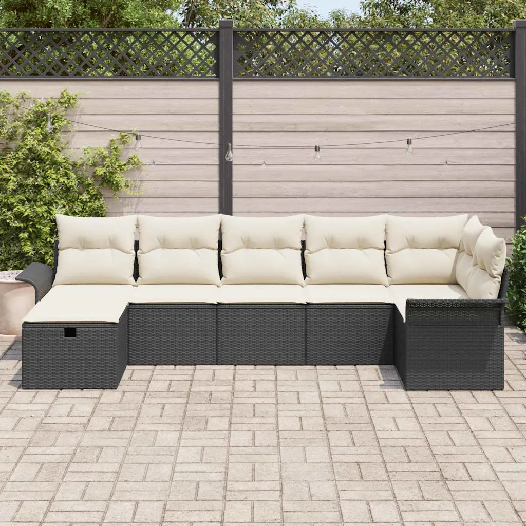 Set Divano da Giardino 7 pcs Nero e Crema polyrattan