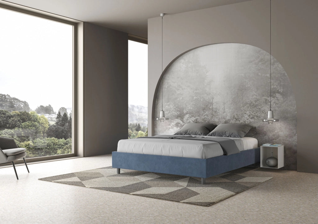 BS COM Letto matrimoniale con rete imbottito 160x190 microfibra blu