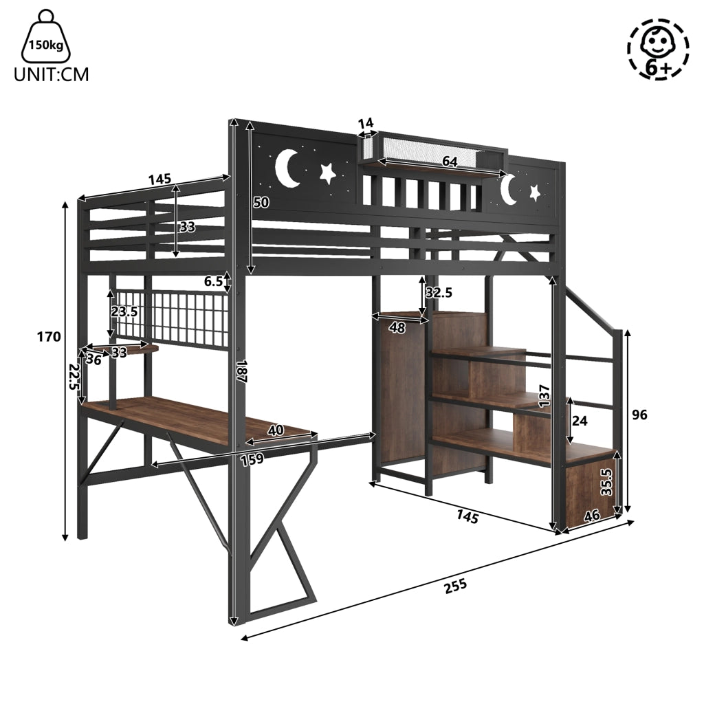 Letto a soppalco 140x200 con scrivania in metallo e MDF; nero; per cameretta