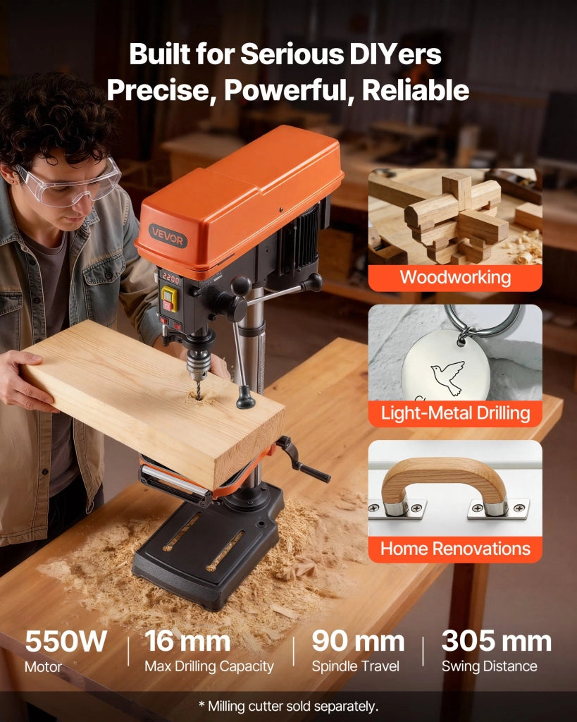 Trapano a Colonna da Banco 550W 305mm, DP30016B-VS a Velocità Variabile con Guida Laser e Luce LED, Robusto e Preciso per Officina e Fai da Te Legno