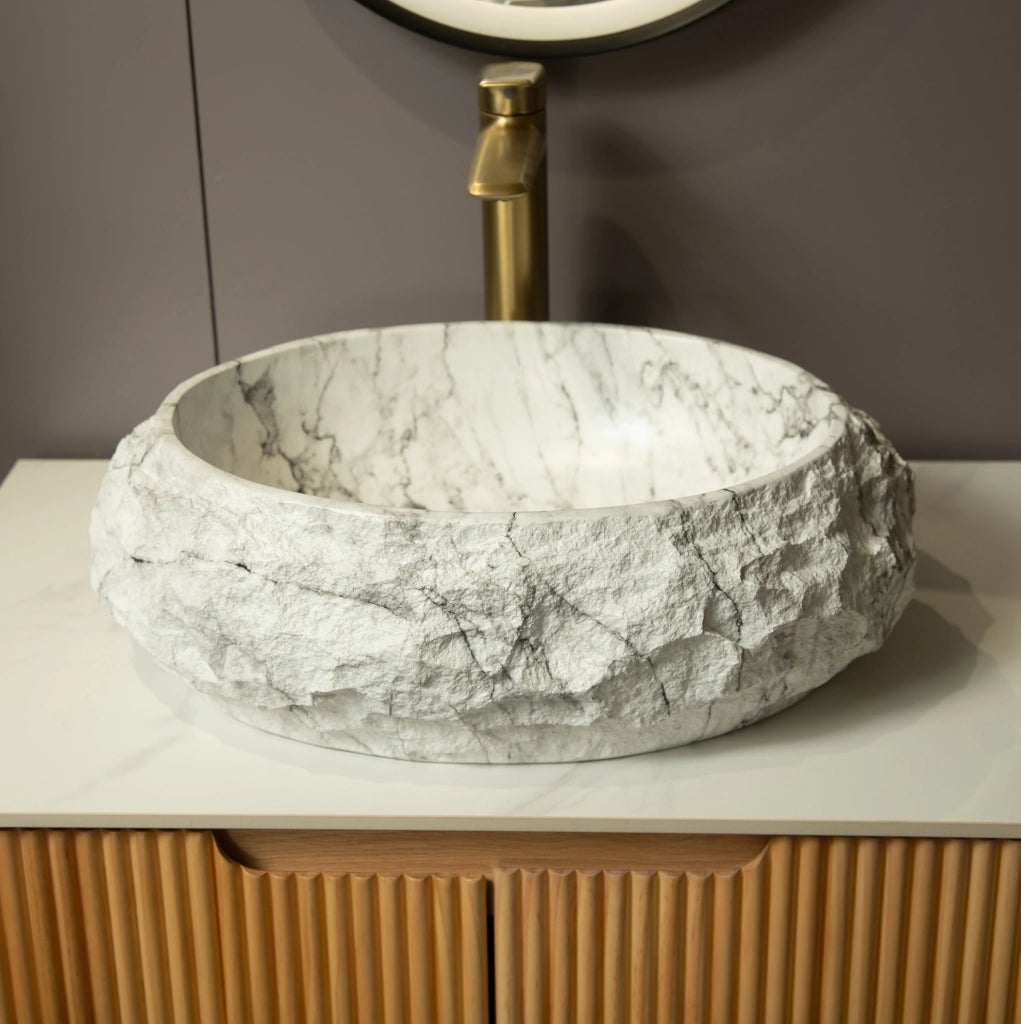 Lavabo in resina 45 cm con motivo a pietra irregolare, stile artistico, colore avorio, senza rubinetto