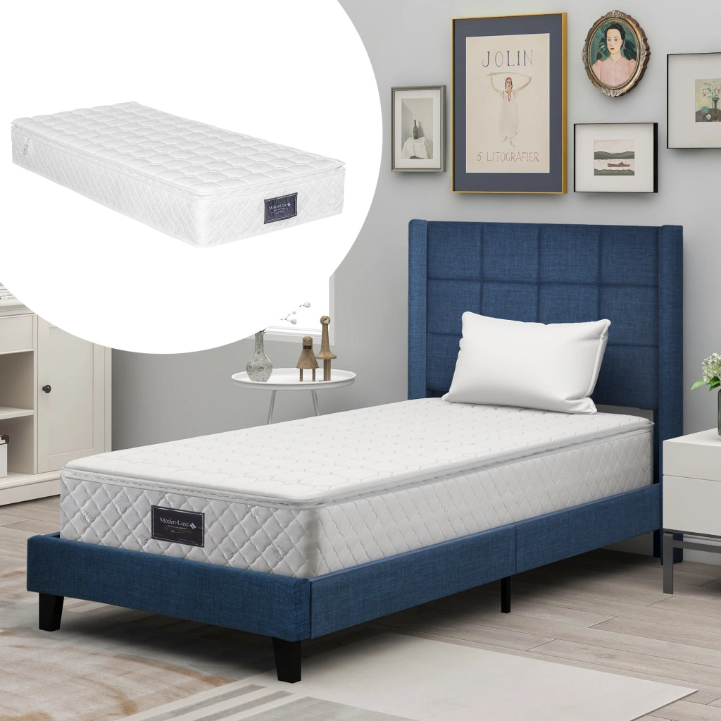 Letto imbottito 90x200 cm con materasso a molle insacchettate e rete in lino blu