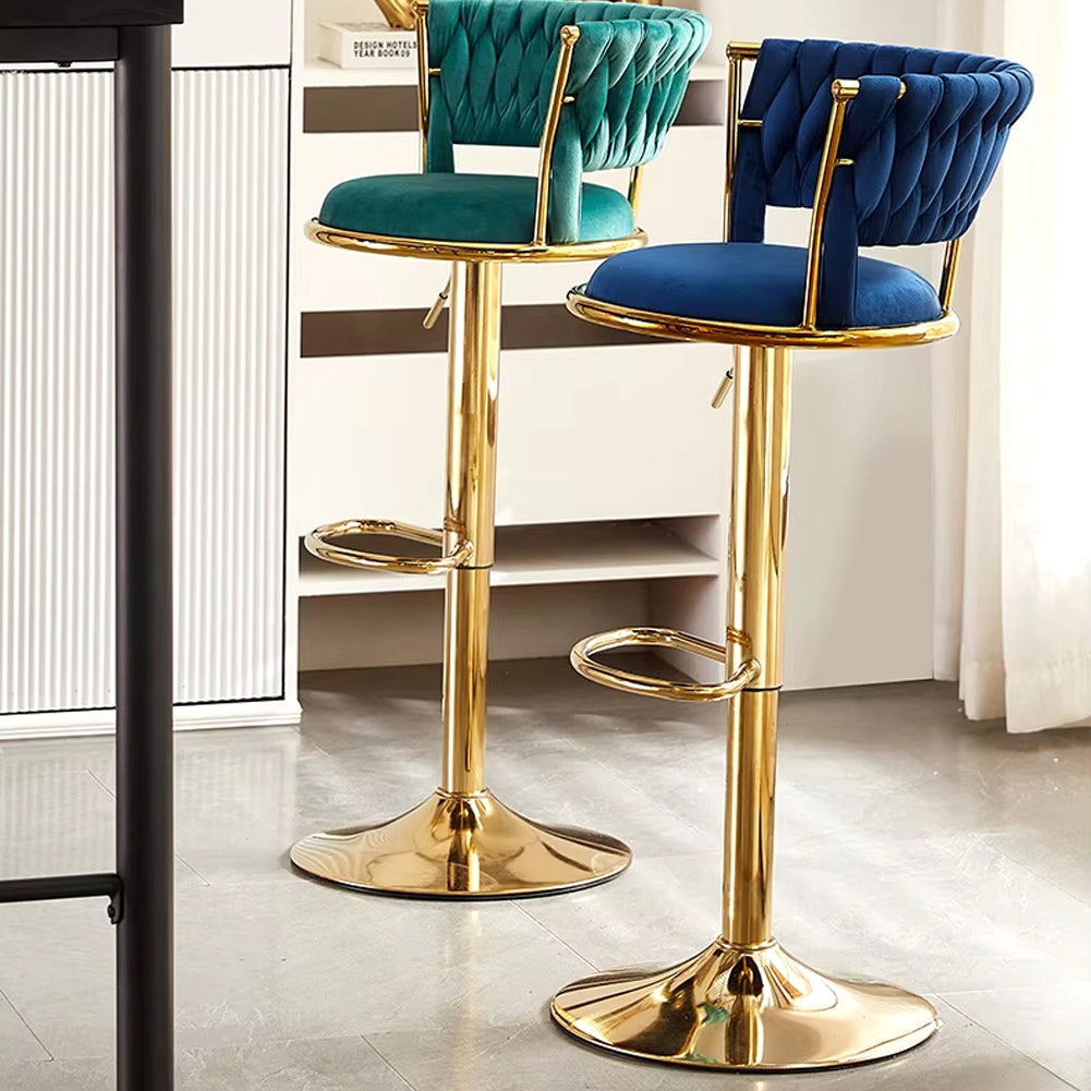 Coppia Sgabelli da Cucina Bar Schienale Intrecciato Velluto e Struttura Oro Blu
