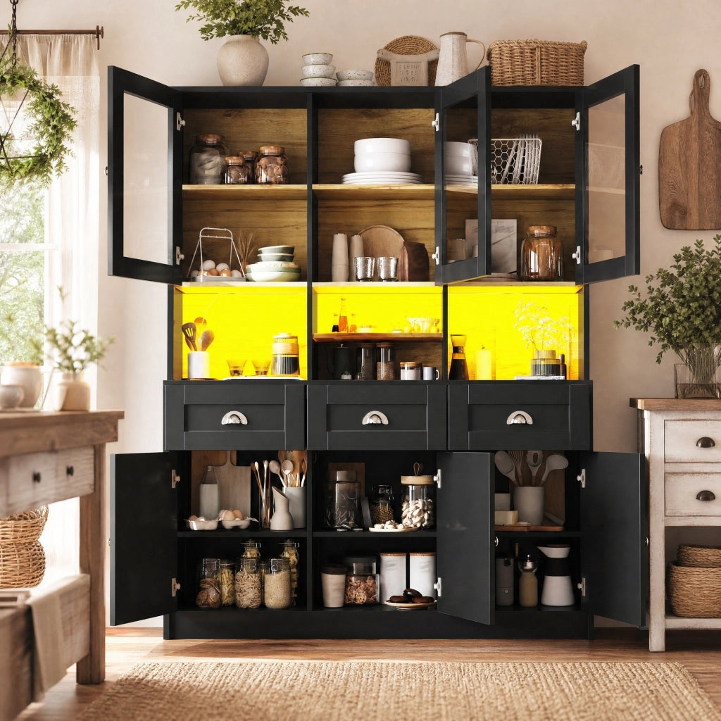 Mobile da cucina con LED, ante acriliche e cassetti nero