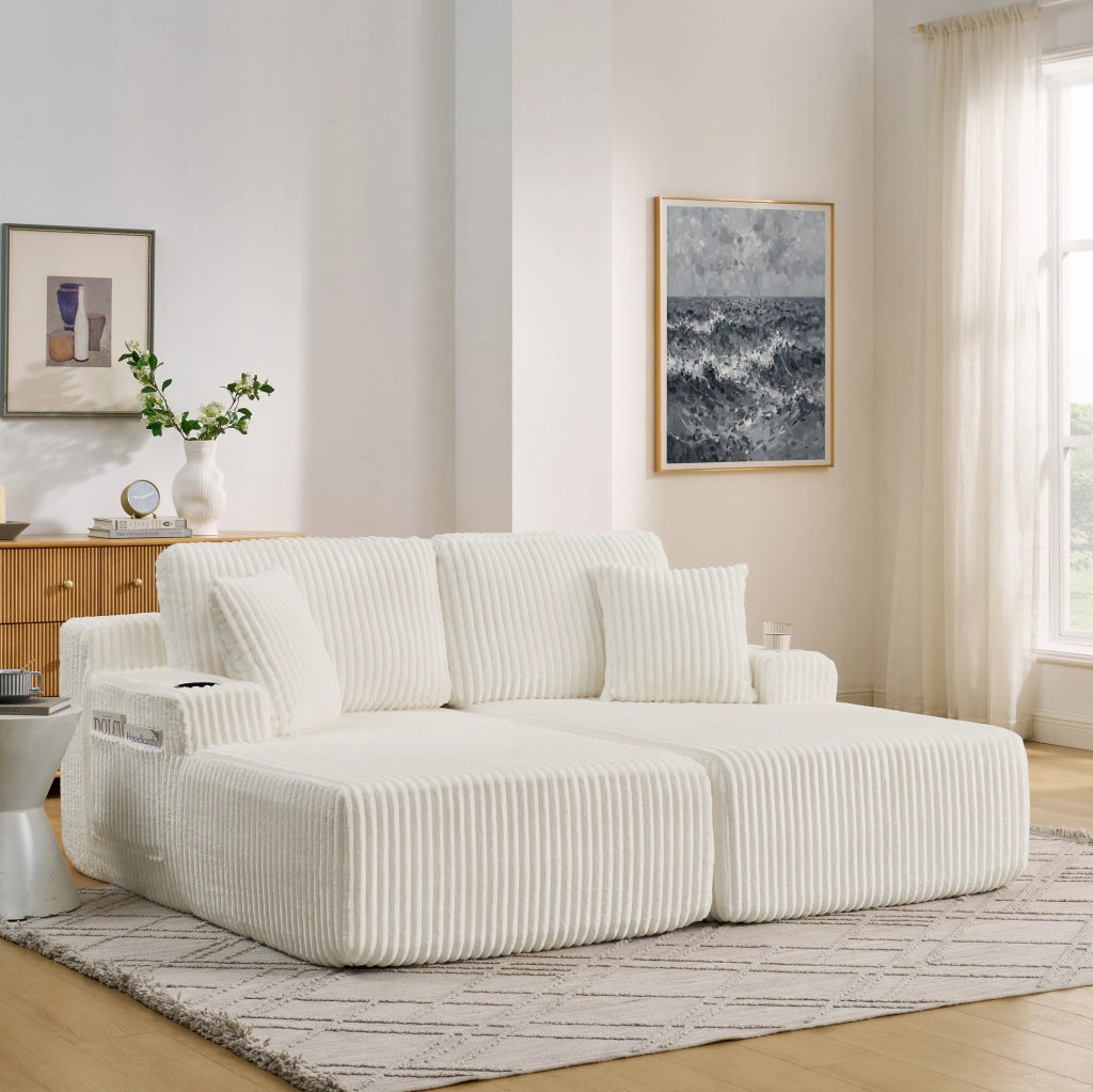 Divano 2 posti multifunzione in tessuto a coste beige con portabicchieri e tasca laterale