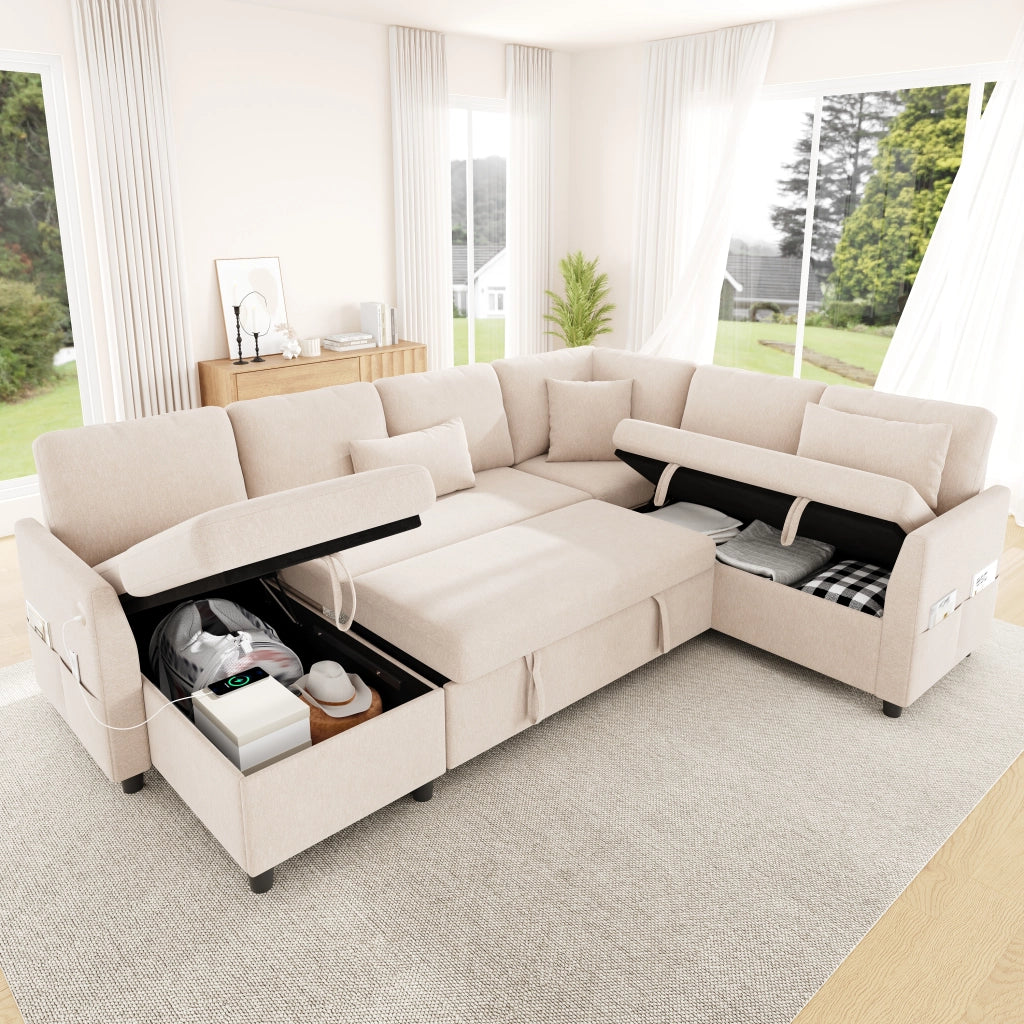 Divano angolare convertibile 6 posti 255x196x85 cm a L/U; chaise longue reversibile; contenitori; USB/Type-C; tasca laterale; 3 cuscini; lino; beige
