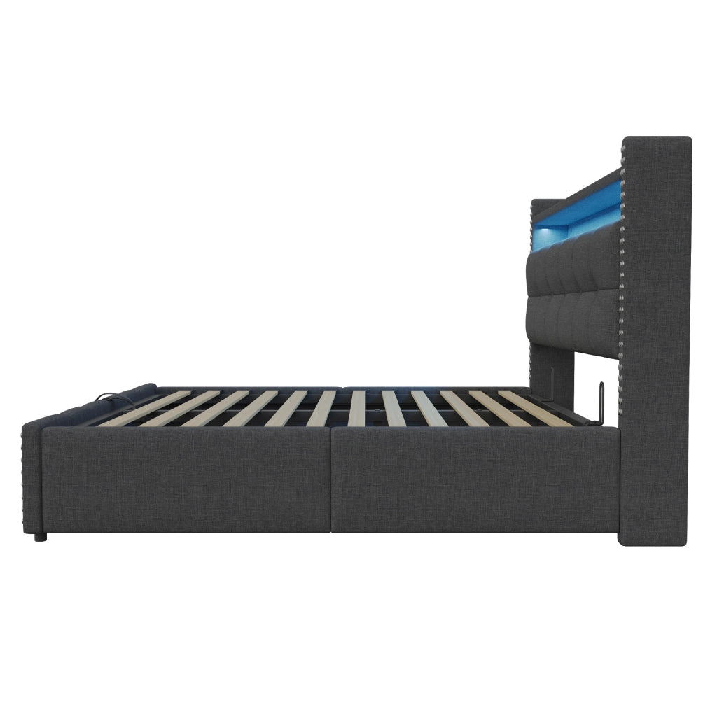 Letto matrimoniale imbottito 180x200 cm con LED, USB e contenitore