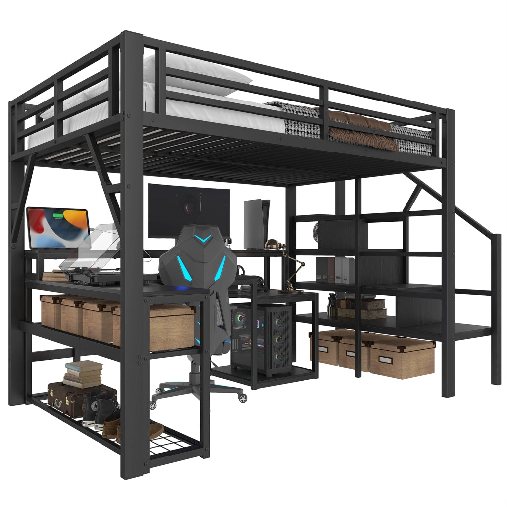 Letto a soppalco 140 × 200 cm con scrivania LED USB vani contenitore e ripiani in metallo e MDF nero