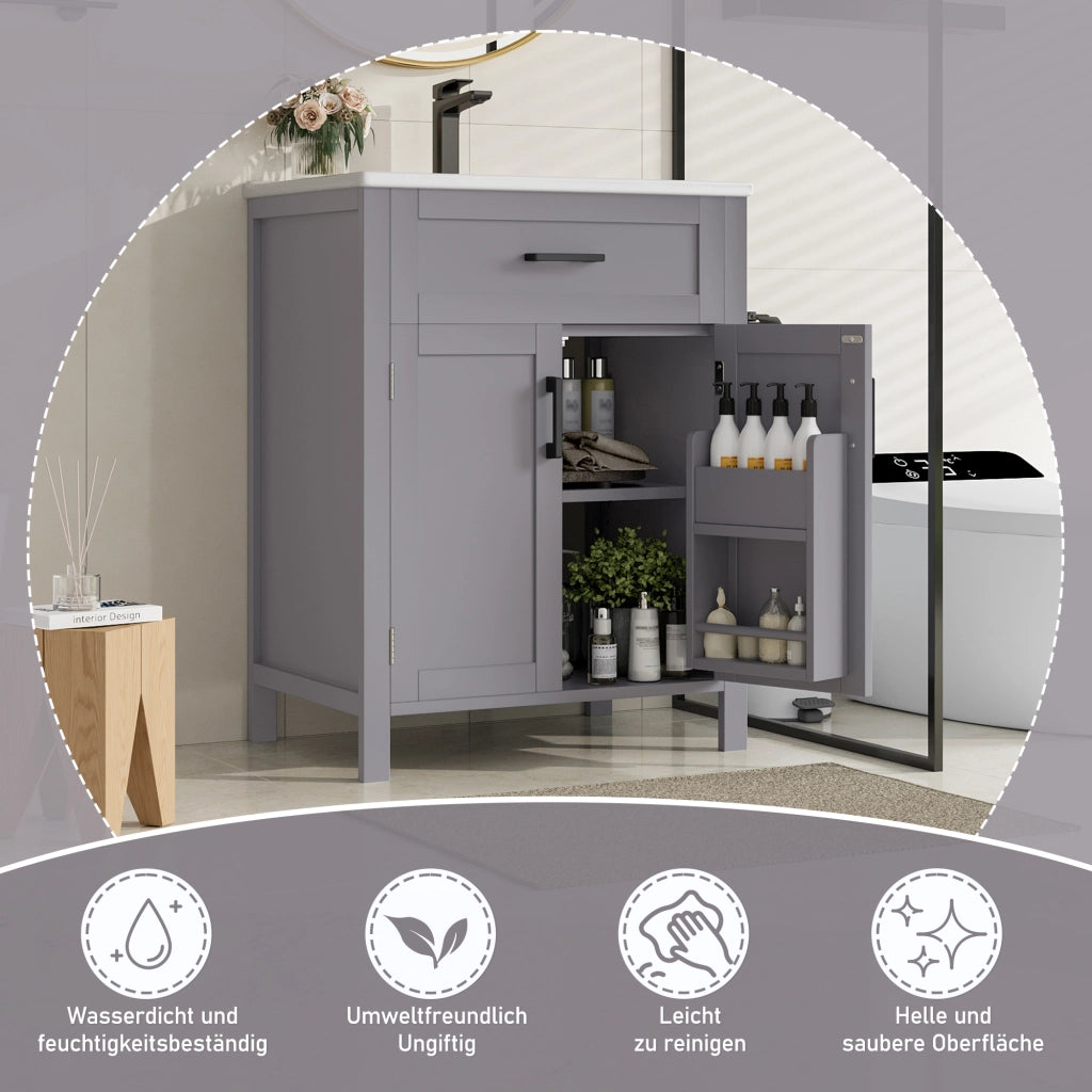 Mobile sottolavabo freestanding con lavabo in ceramica, ante doppie, cassetto reversibile e ripiano regolabile grigio 60 × 46 × 84,8 cm