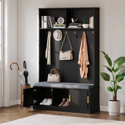 Appendiabiti da ingresso con panca portascarpe, 6 ganci, struttura autoportante, nero, 120¡Á40¡Á191 cm