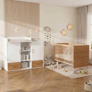 Camera completa con fasciatoio e letto con sbarre in legno massello e MDF bianco