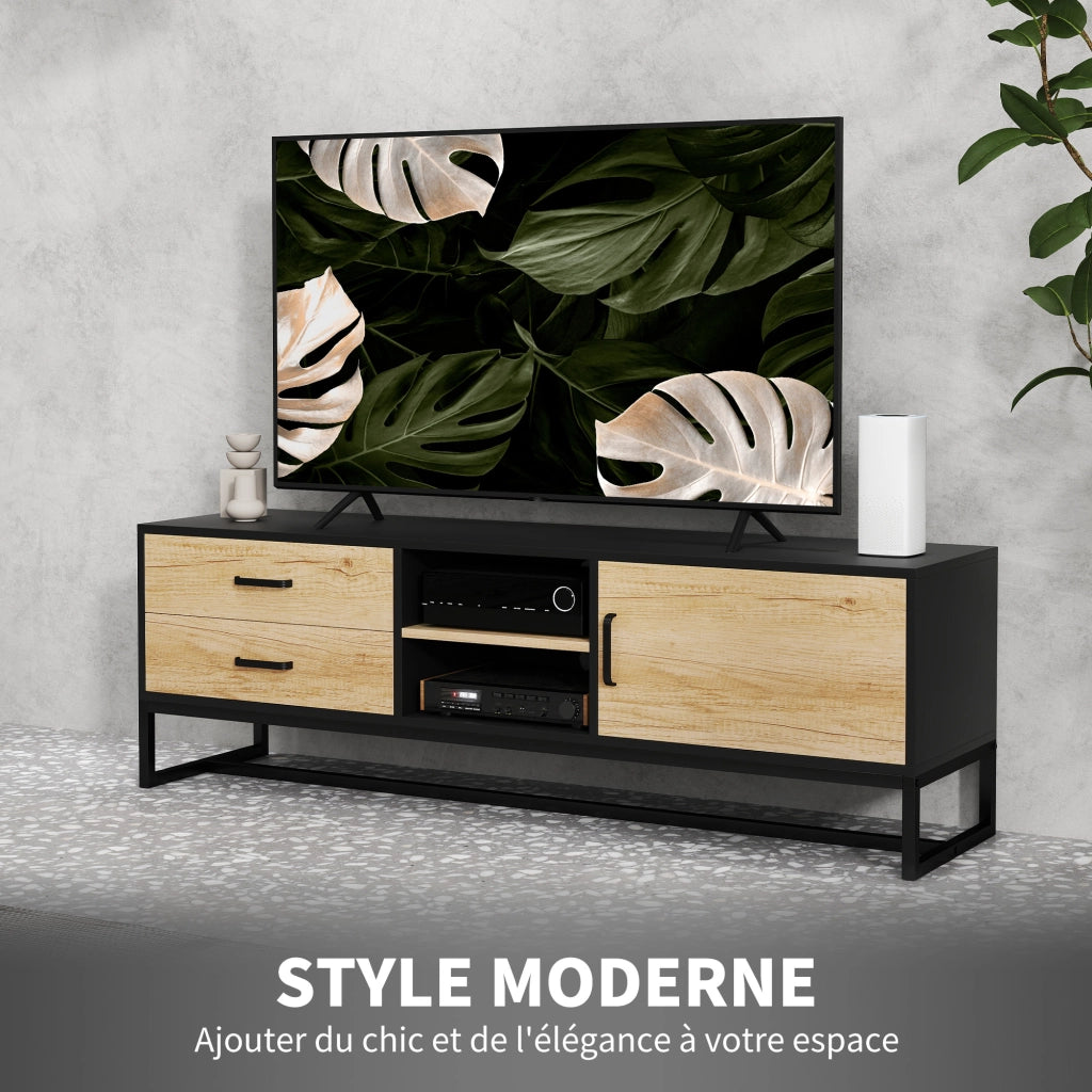 Mobile Porta TV fino a 60 Pollici in Legno Naturale con 2 Cassetti Vani Aperti e Anta Mobile TV Moderno e Robusto per Salotto