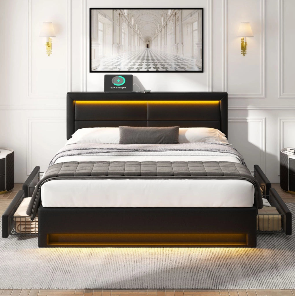 Letto imbottito 140x200 cm in PU nero con USB; LED e 4 cassetti