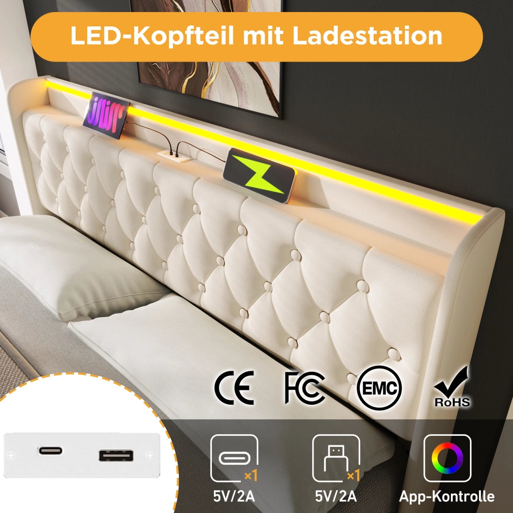 Letto imbottito idraulico con LED USB 140x190 cm colore PU bianco