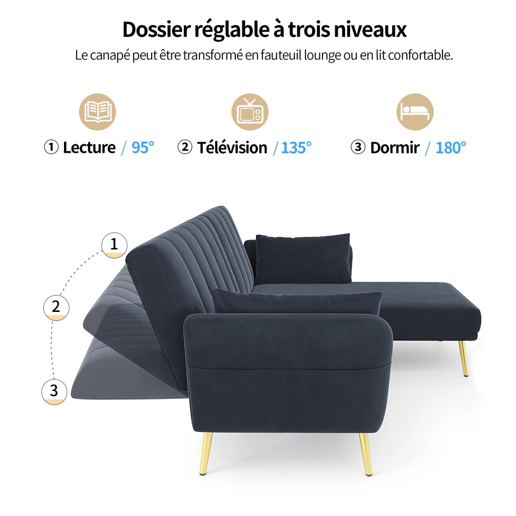 Divano ad angolo 191x130x80 cm con funzione letto; angolo extra e meccanismo pieghevole - Ideale per soggiorno; camera da letto o home theater