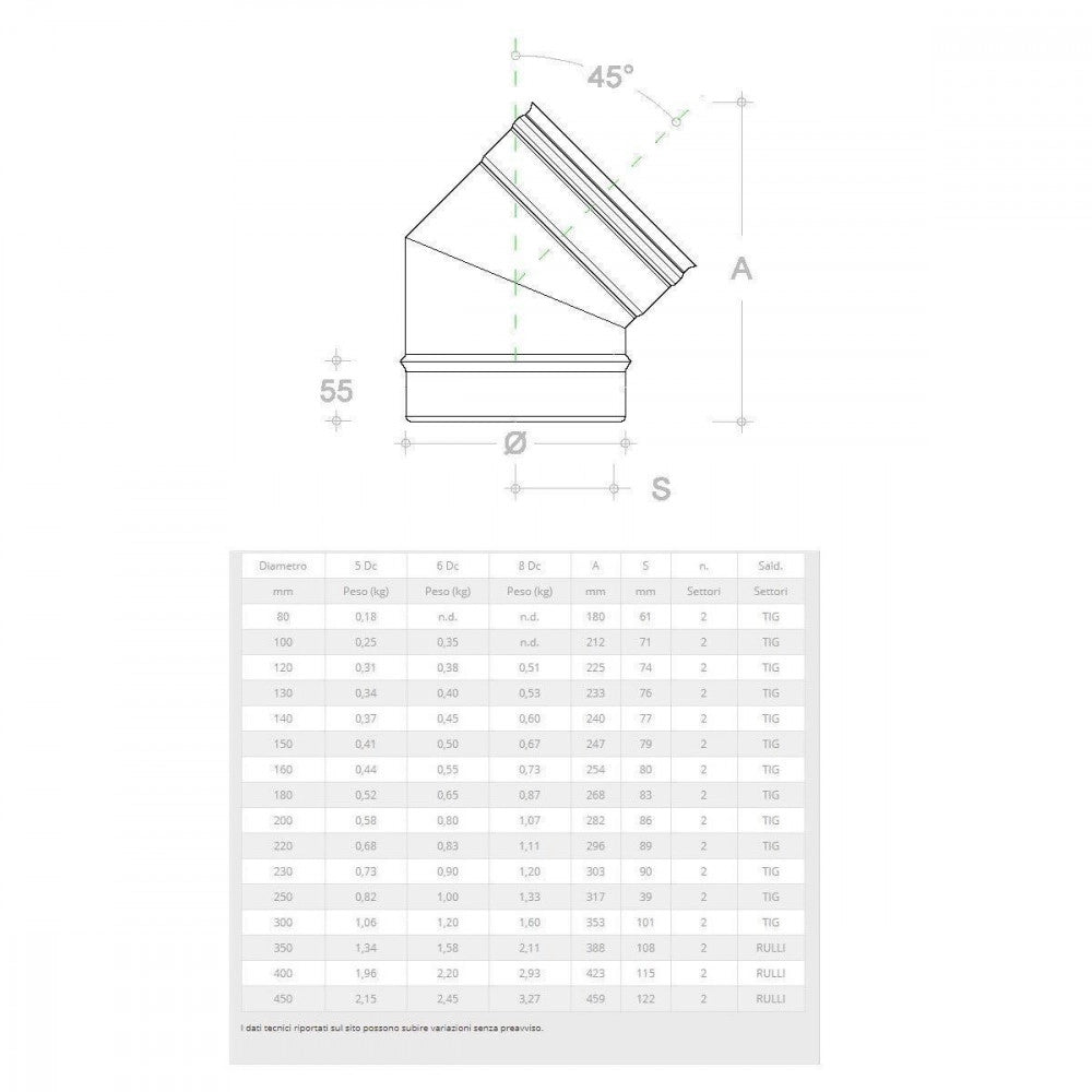 Gomito curva acciaio inox 80mm 5 decimi aisi 304 per canna fumaria camino stufa, scegli se  45 gradi