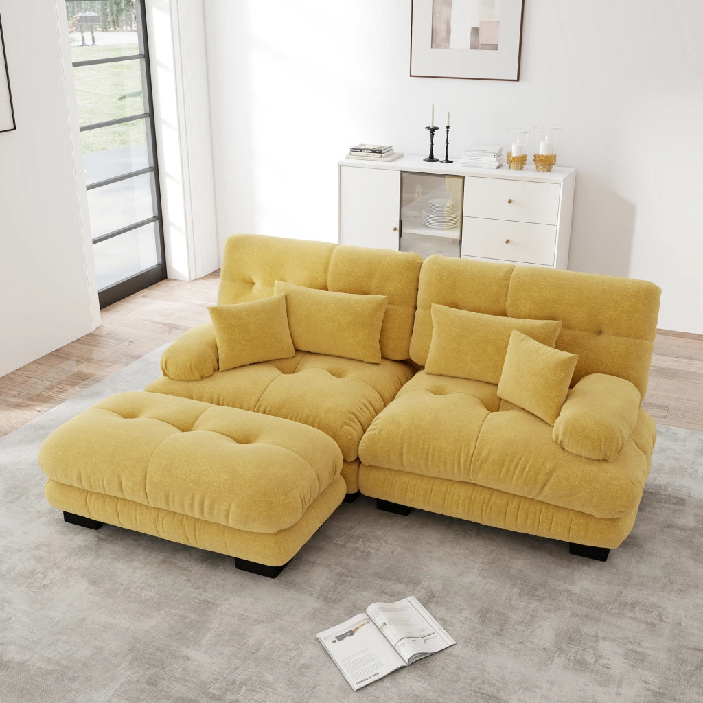 Divano Angolare con Ottoman ¨C MINIMAL ¨C Chenille, Giallo, Braccioli Larghi