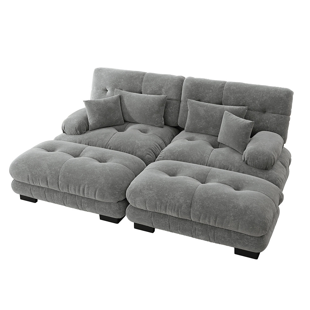 Divano angolare Cloud - Xylo - 2 posti in chenille con 2 cuscini lombari e 2 pouf, grigio
