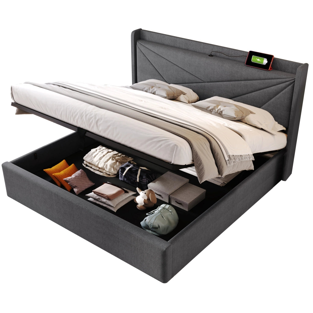 Letto matrimoniale 140x200 con contenitore grigio e prese USB